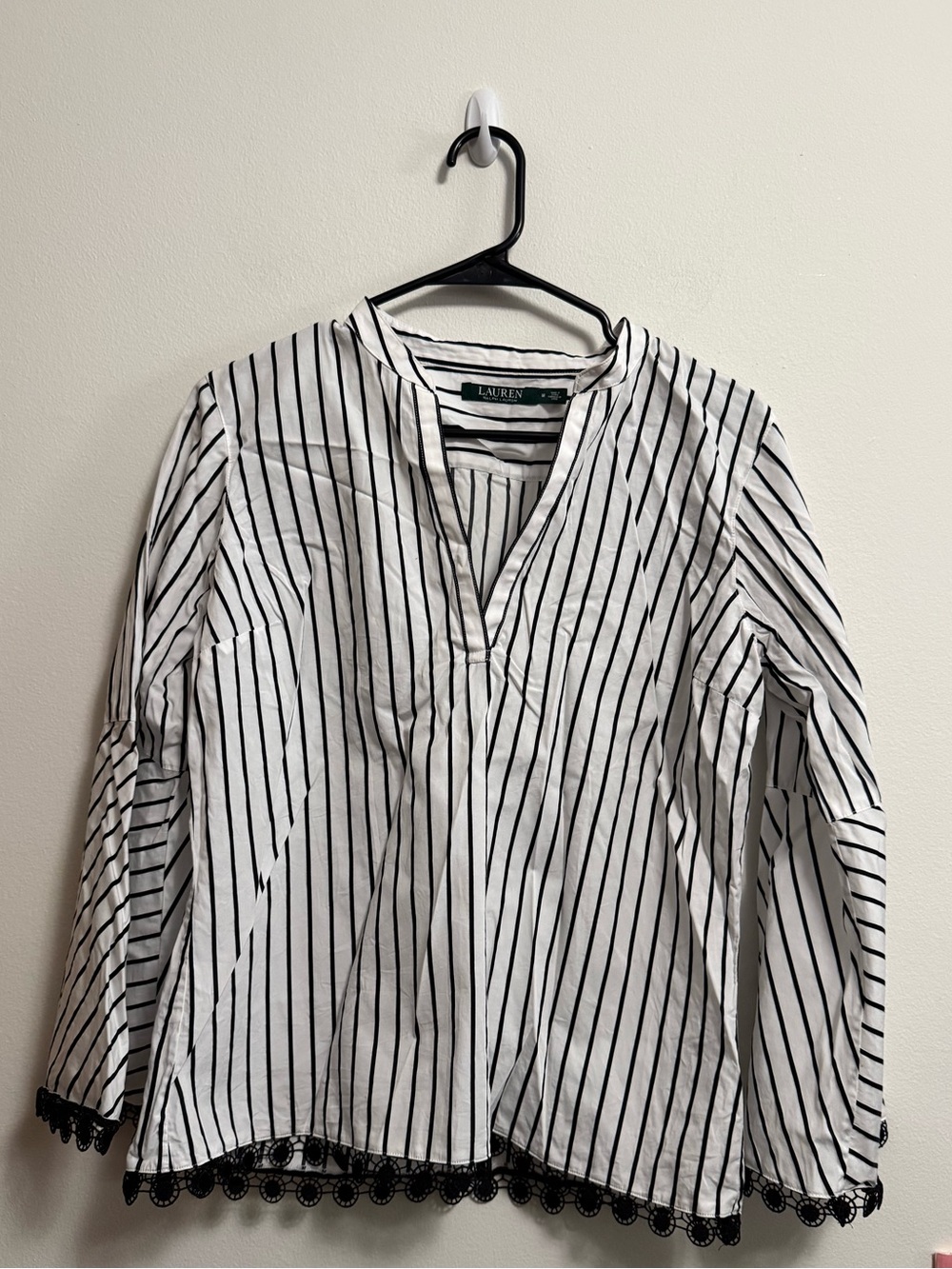 Lauren Ralph Lauren White and Black Striped V-Neck Blouse